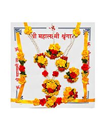 Artificial Flower Jewellery Set – Red & Yellow Rose with Pearl Chain Design for Baby Shower / Godh Bharai / Seemantham