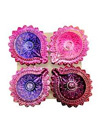 Designer Clay Diya, Shiny Pink & Blue Leaves Shaped (FD-21), 4 pcs, Assorted Colour