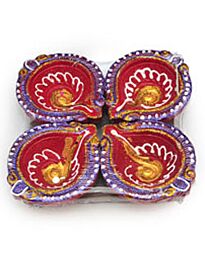 Decorative Diya Set – Red & Purple Mandala Hand Painted (Pack of 4)