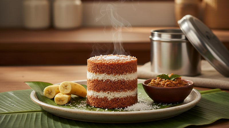 Kerala red rice puttu steamed with coconut using traditional puttu maker