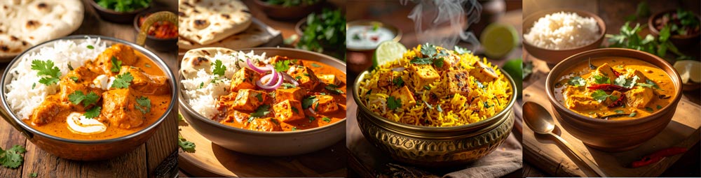 Four Indian curry dishes – Butter Chicken, Paneer Tikka Masala, fiery coconut curry and biryani – from the Chokhi Dhani curry sauces and kits collection.